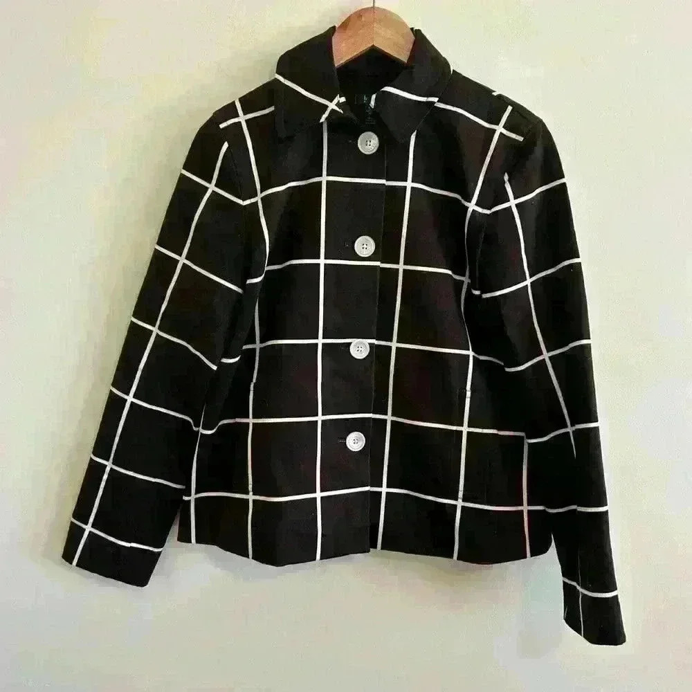 LAUREN RALPH LAUREN Womens Brown Windowpane Plaid Boxy Jacket Career Size Small